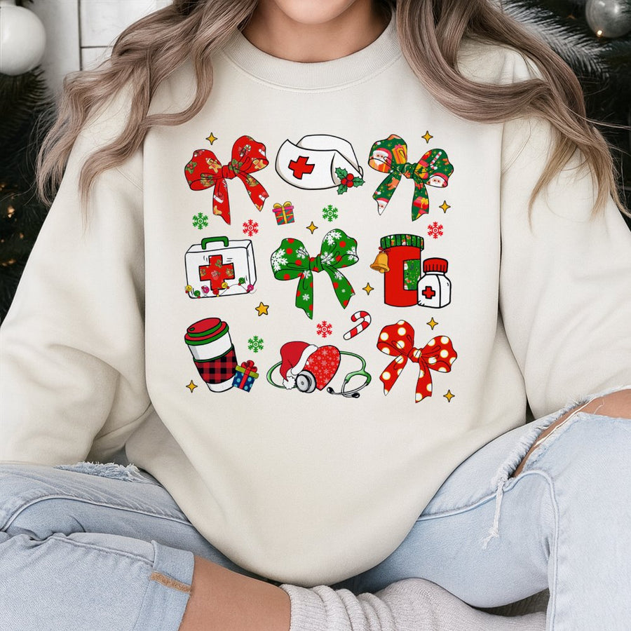 Coquette Nurse Christmas Sweatshirt | Cute Bow Medical Holiday Graphic | Premium Cotton Blend | Nursing Student RN Gift for Women
