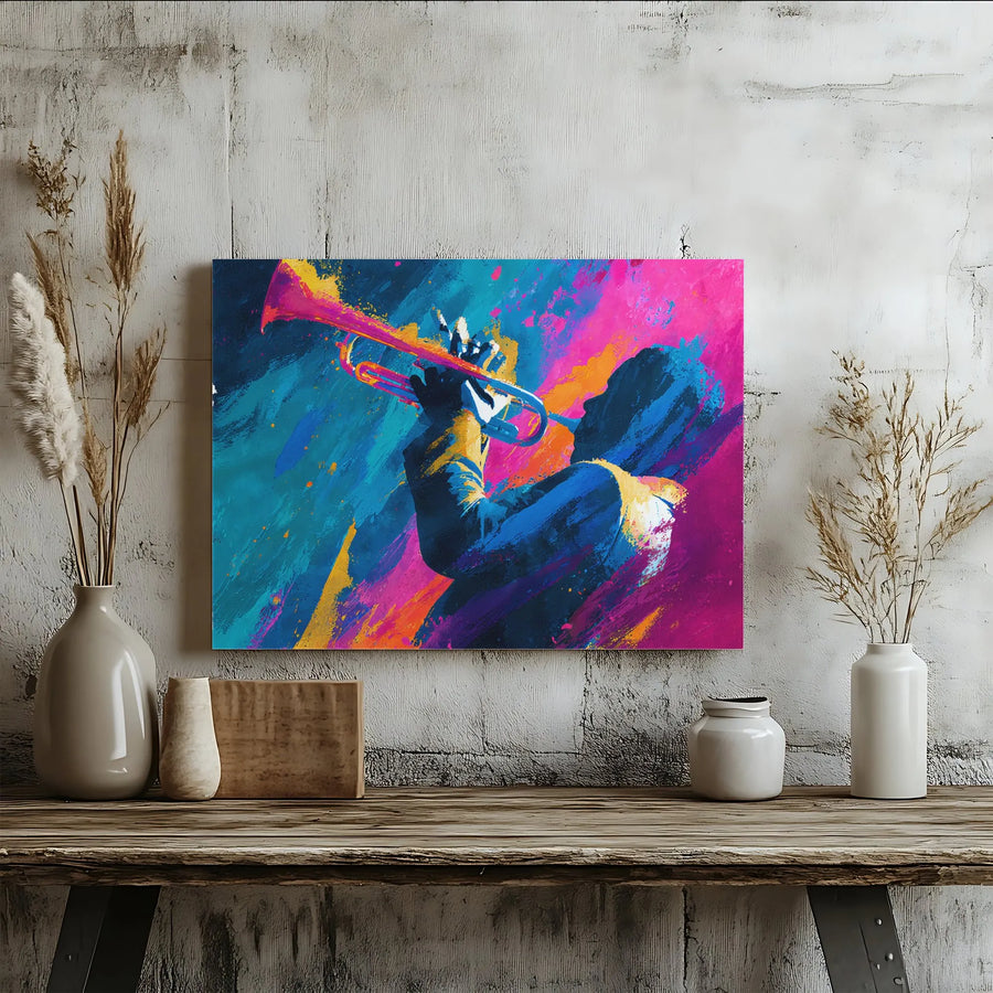 Jazz Trumpet Player Canvas Wall Art | Vibrant Abstract Painting | Premium Gallery Wrap Canvas | Gift for Musician & Modern Home Decor