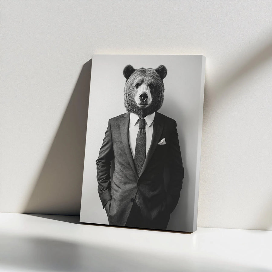 Bear in Suit Canvas Wall Art | Sophisticated Gentleman Animal Portrait | Premium Gallery-Wrapped Print | Unique Office Decor & Modern Home Gift