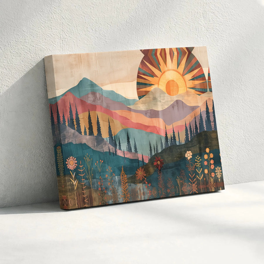 Boho Mountain Wall Art | Retro Sunset and Wildflower Landscape Print | Premium Fade-Resistant Canvas | Modern Cabin Home Decor Gift