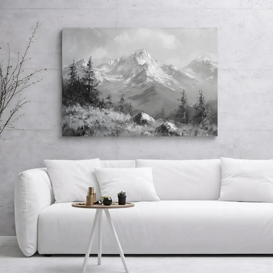 Mountain Landscape Canvas Wall Art | Black And White Pine Tree Forest | Premium Gallery Wrapped Decor | Modern Nature Home Office Gift