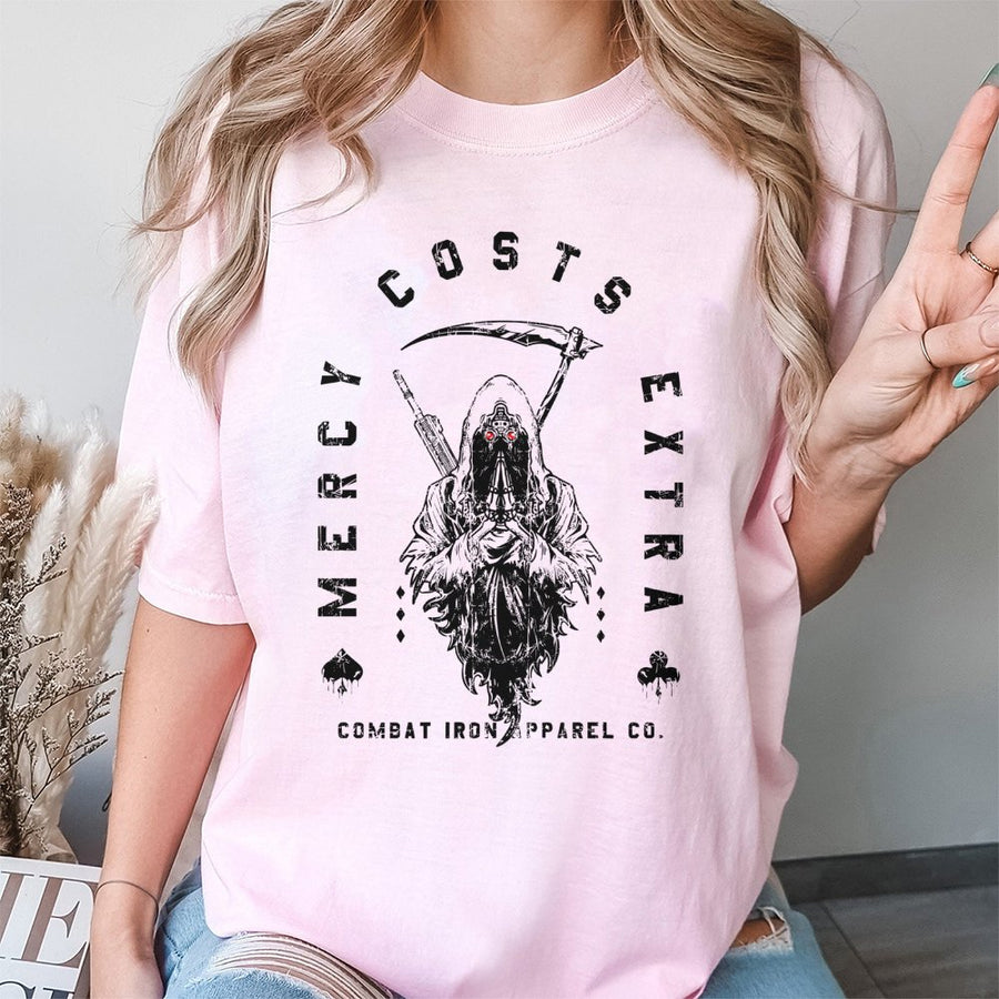 Mercy Costs Extra Grim Reaper T-Shirt | Tactical Military Style Graphic | Premium 100% Cotton | Dark Humor Gift for Men and Veterans