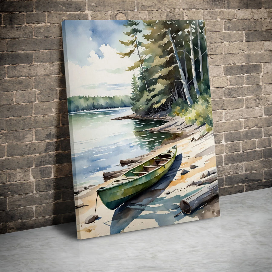 Canoe Lake Canvas Wall Art | Watercolor Landscape Painting | Premium Gallery Wrapped Print | Lake House Cabin Decor Gift for Nature Lover
