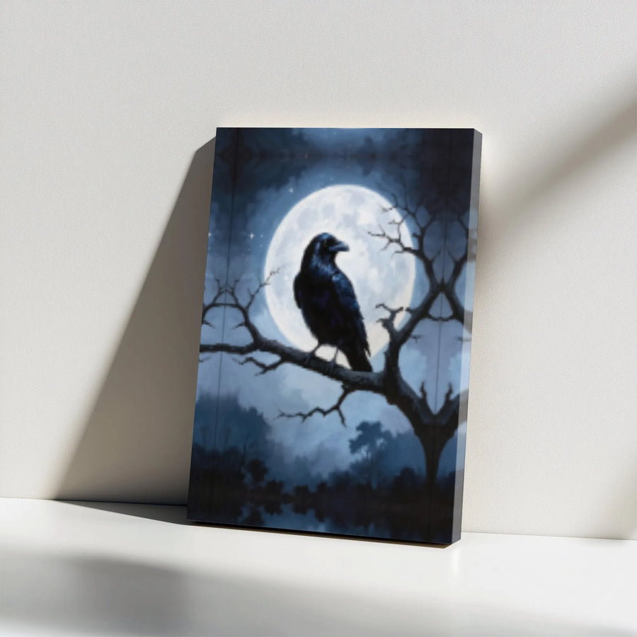 Gothic Raven Canvas Wall Art | Full Moon Silhouette Design | Premium Gallery Wrap Stretched Print | Dark Academia Home Decor Gift