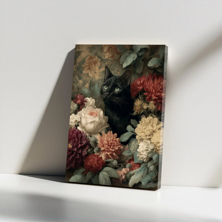 Black Cat Wall Art Canvas | Vintage Floral Garden Oil Painting | Premium Gallery Wrapped Decor | Gift for Cat Lovers and Botanical Art Enthusiasts