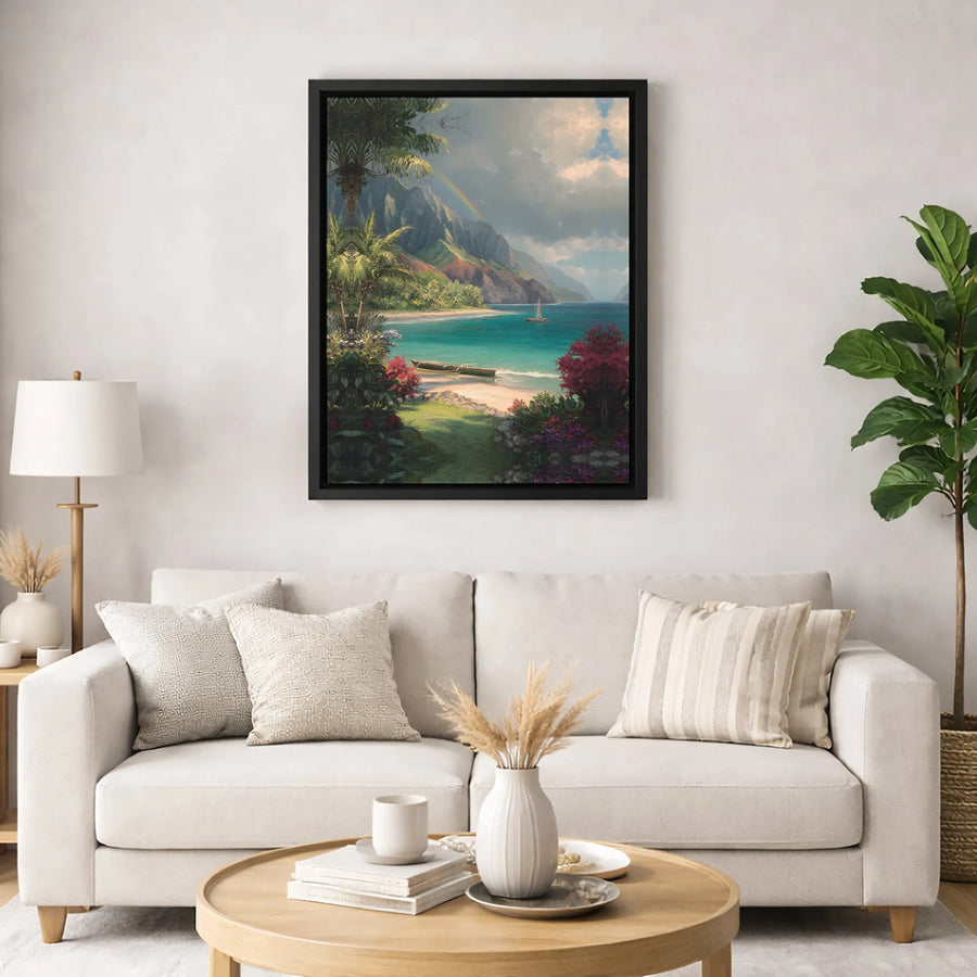 Tropical Hawaiian Coast Canvas Print | Rainbow Over Mountains Sailboat Landscape | Gallery Quality 1.25 Inch Wrap | Premium Island Home Decor Wall Art