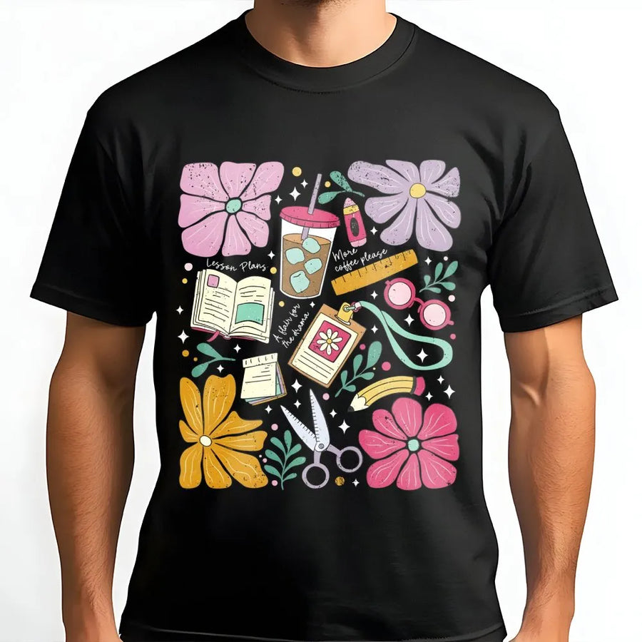 Teacher T-Shirt | Retro Floral School Supplies Graphic | Soft Cotton Premium Tee | Cute Back to School Gift for Teachers