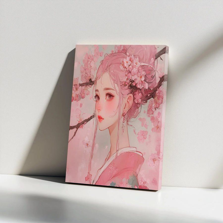 Anime Girl Wall Art | Pink Cherry Blossom Kimono Portrait | 1.25” Gallery Wrap Canvas | Premium Aesthetic Home Decor Gift