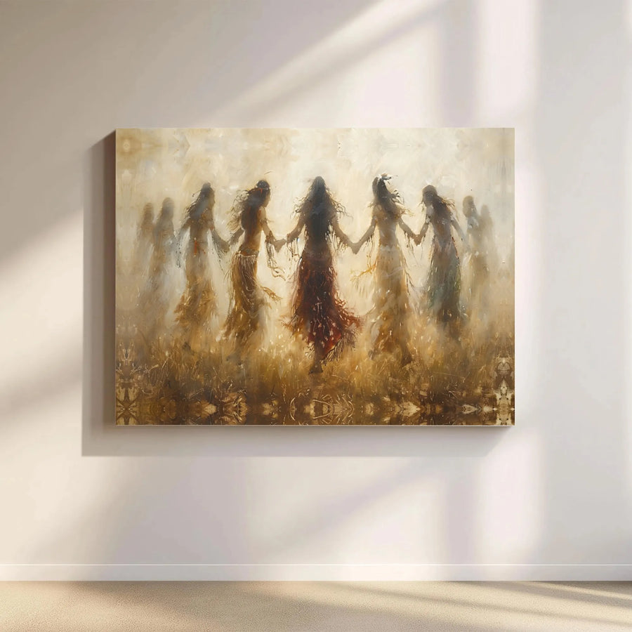 Dancing Women Circle Canvas Art | Ethereal Impressionist Silhouette Wall Decor | Premium 1.25" Gallery Wrap | Gift for Art Lovers