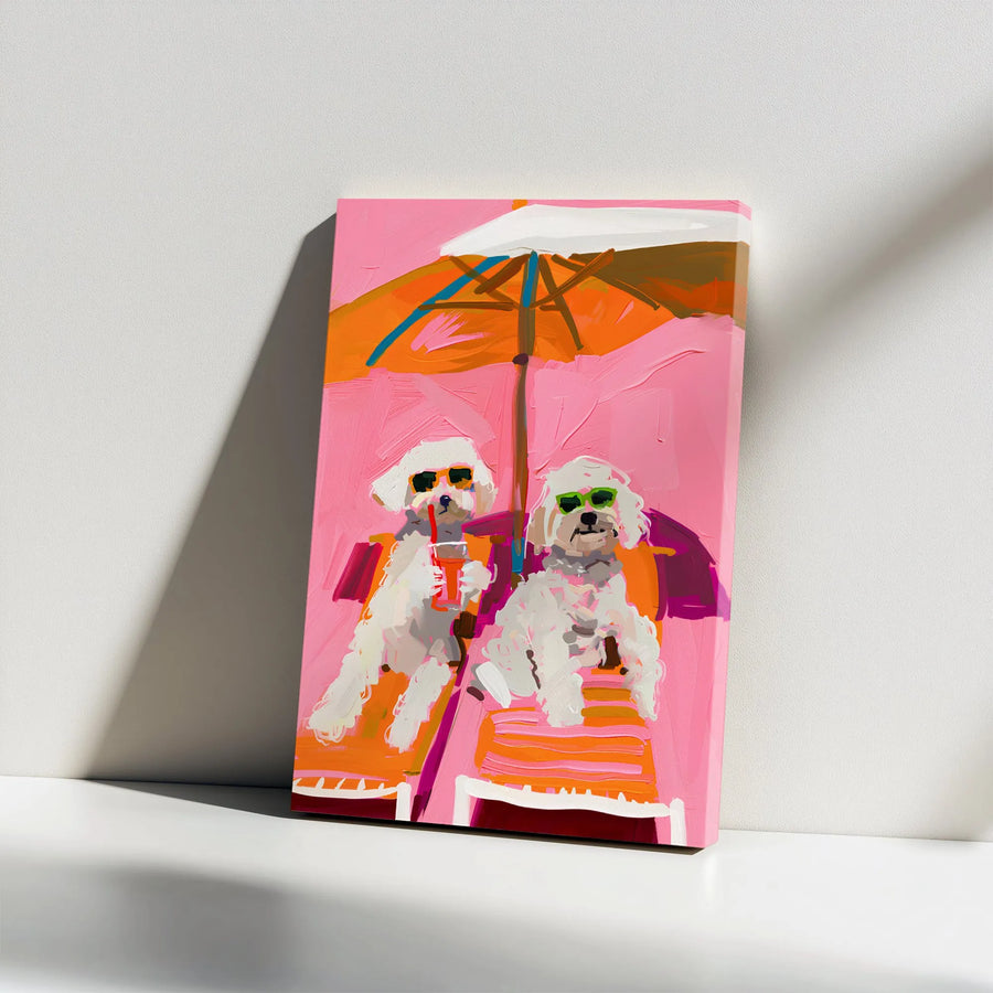 Dog Beach Wall Art | Two White Dogs With Sunglasses Tropical Canvas Print | Premium Gallery Wrapped Decor | Fun Gift for Dog Lovers