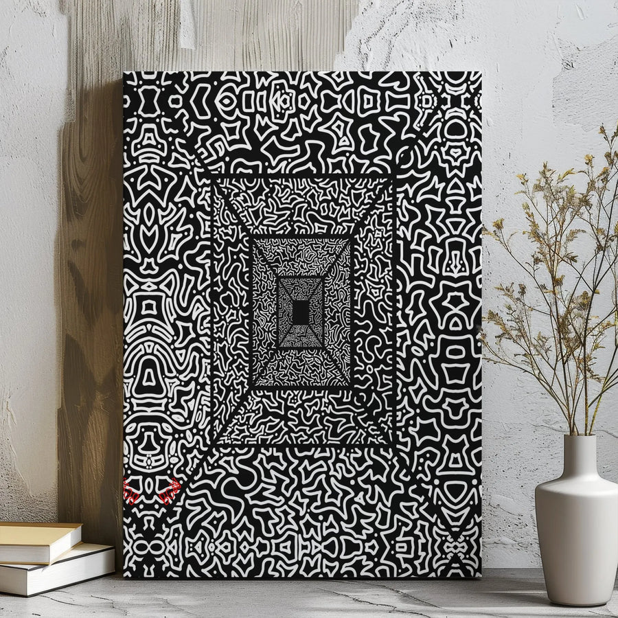Abstract Geometric Canvas Wall Art | Monochrome Infinite Tunnel Doodle Design | 1.25 Inch Premium Gallery Wrap | Modern Office & Home Decor