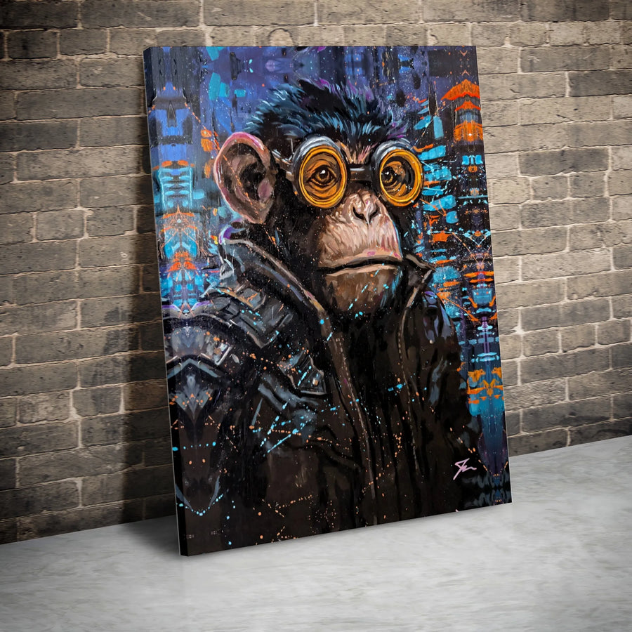 Steampunk Chimpanzee Canvas Wall Art | Urban Graffiti Style Monkey Portrait | Premium 1.25-inch Thick Gallery Wrap | Unique Home Office Decor Gift