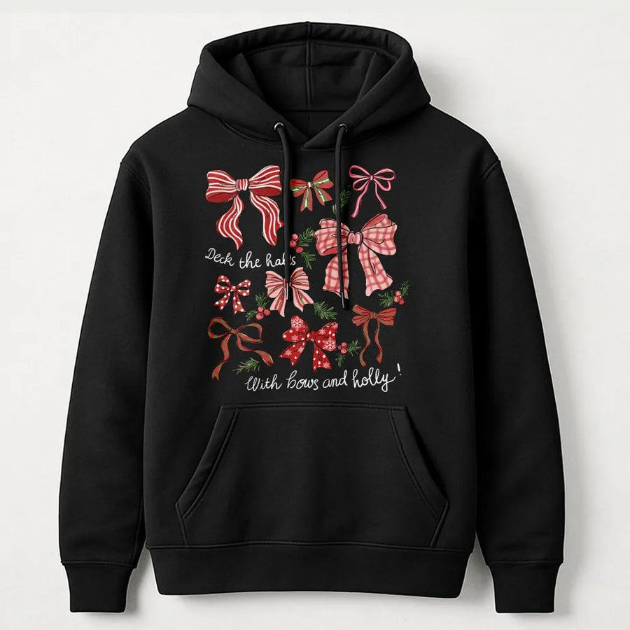 Retro Christmas Hoodie | Deck The Halls With Bows And Holly Print | Premium Cotton-Blend | Coquette Holiday Gift For Women And Men