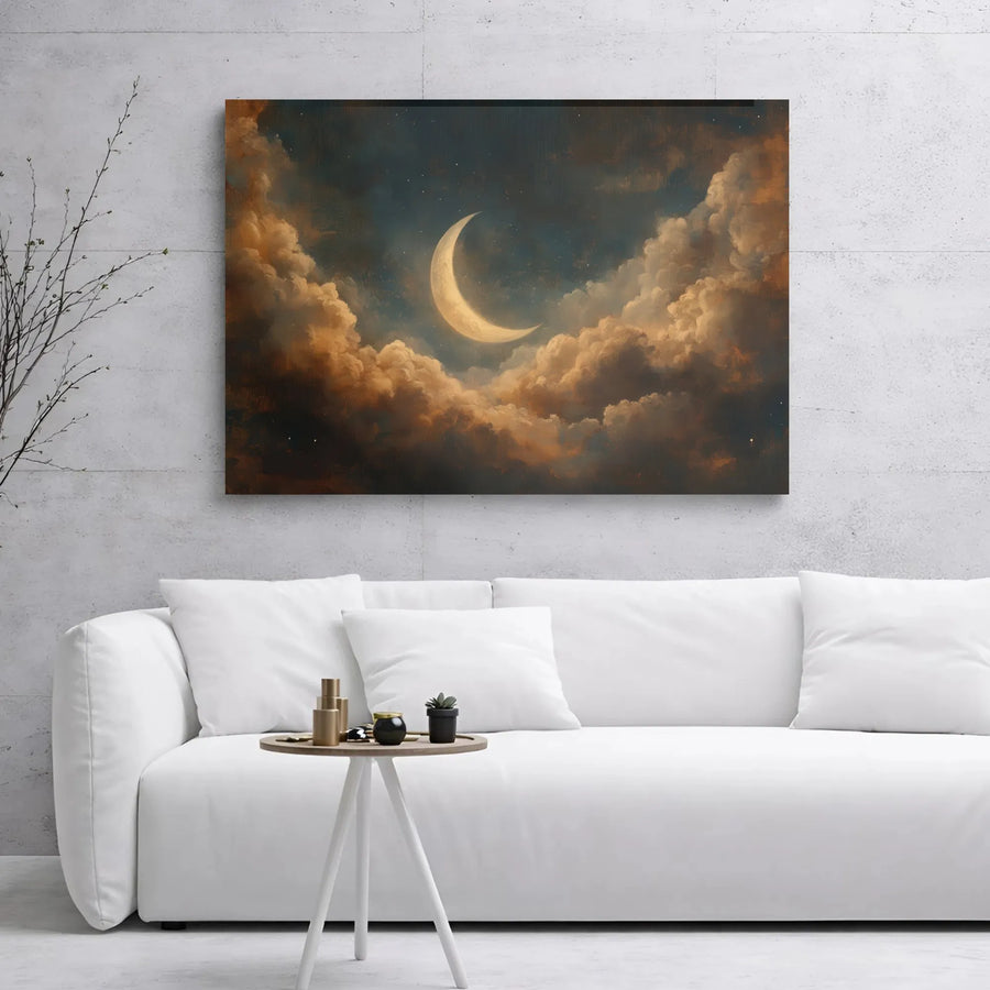 Crescent Moon Wall Art | Celestial Clouds Starry Night Canvas | 1.25" Gallery Wrap | Premium Home Decor Gift