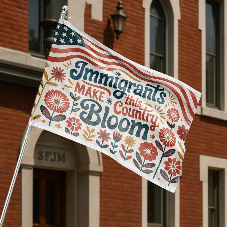 Immigrants Make This Country Bloom House Flag | Folk Art Floral Patriotic Garden Decor | Weather-Resistant Polyester | Proud American Home Gift