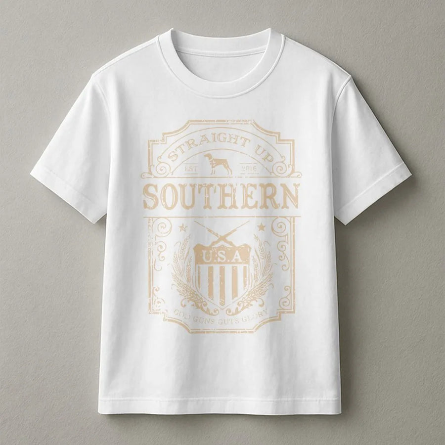 Straight Up Southern T-Shirt | Rustic Dog And USA Gun Shield Graphic | Premium Soft Cotton | Southern Pride Gift For Men And Women
