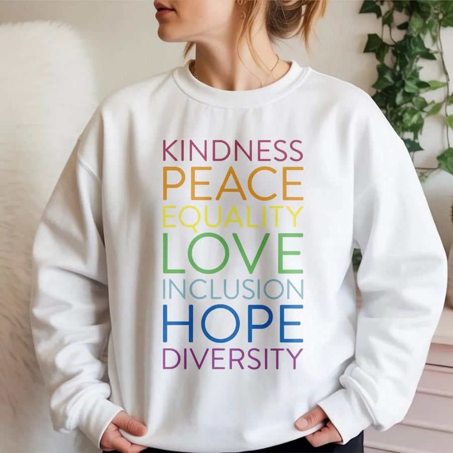Kindness Equality Sweatshirt | Rainbow Typography Graphic Tee | Premium Cotton Blend | Gift for Social Justice Advocate and Pride Month