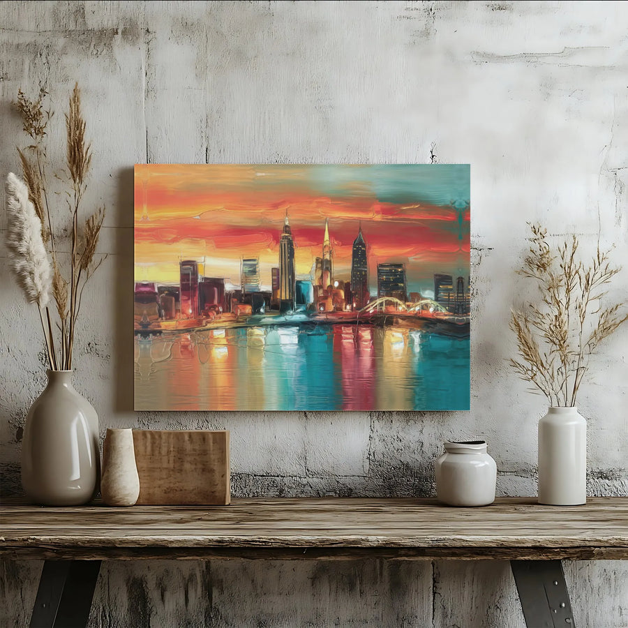 Abstract Cityscape Canvas Wall Art | Textured Paint Effect Sunset Skyline Print | Premium Gallery Wrapped Canvas | Modern Home Office Decor Gift
