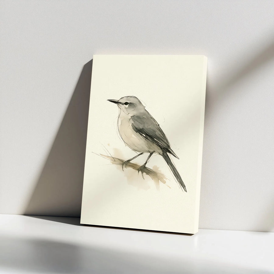 Minimalist Bird Wall Art | Ink and Wash Songbird Sketch | Premium Thick Gallery Canvas | Modern Nature Decor Gift for Bird Lover