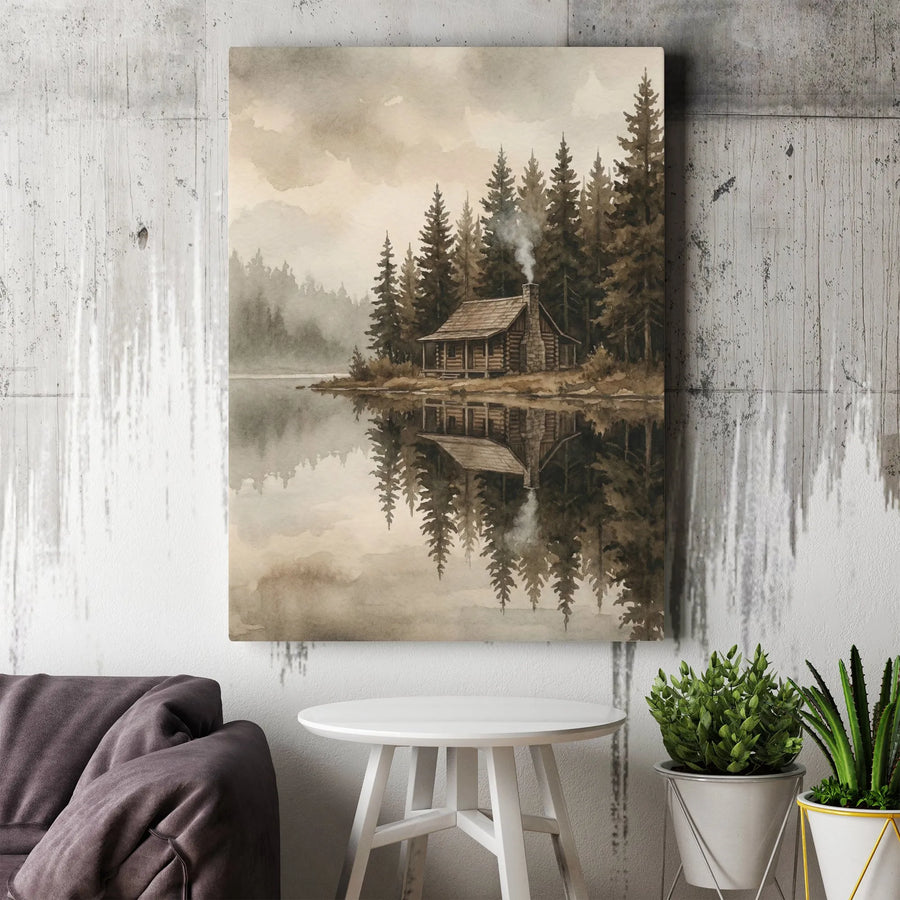 Rustic Log Cabin Vertical Canvas | Watercolor Forest Lake Scene with Reflection | Premium Canvas Print | Rustic Home & Lodge Decor Gift