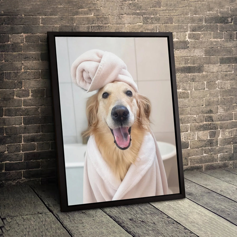 Golden Retriever Bathrobe Canvas Print | Funny Dog Towel Turban Wall Art | Premium Gallery-Wrapped Portrait | Cute Animal Home Decor Gift