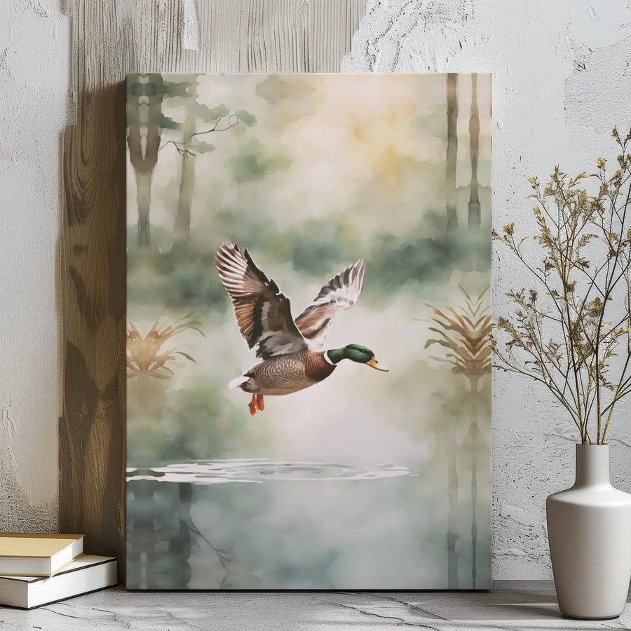 Flying Mallard Duck Canvas Wall Art | Watercolor Misty Lake Landscape | Premium Gallery Wrap Print | Nature Lover Cabin Decor Gift