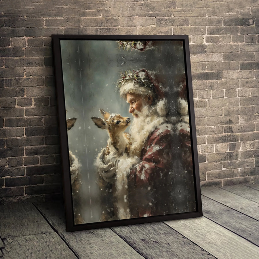 Santa Claus With Baby Deer Canvas | Vintage Christmas Painting Wall Art | Premium 1.25 Inch Gallery Wrap | Holiday Home Decor Gift