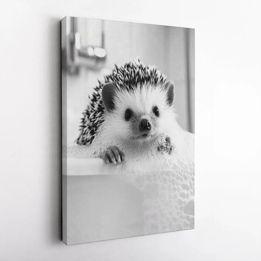 Cute Hedgehog Wall Art | Black and White Bubble Bath Animal Print | Premium 1.25-Inch Gallery Canvas | Whimsical Nursery or Bathroom Decor Gift