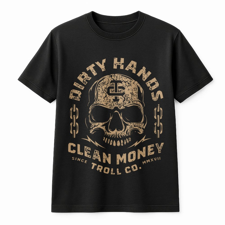 Dirty Hands Clean Money T-Shirt | Distressed Skull Graphic Hustle Tee | 100% Premium Soft Cotton | Hardworking Men's Gift Apparel
