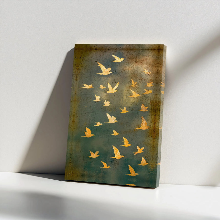 Golden Birds Wall Art Canvas | Rustic Teal Abstract Flock Design | Premium Gallery Wrap 1.25 Inch Print | Sophisticated Home Decor Gift