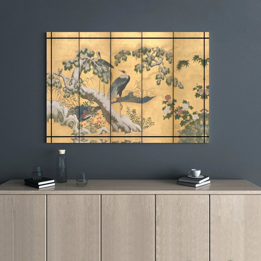 Japanese Crane Canvas Wall Art | Snowy Pine Tree Gold Screen Print | Premium Gallery Wrapped Decor | Zen Asian Home Gift