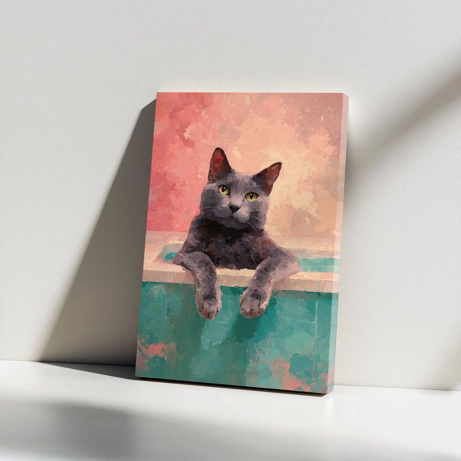 Grey Cat Bathing Canvas Wall Art | Impressionist Teal Bathroom Decor | Premium Gallery Wrapped Print | Cute Animal Lover Home Gift