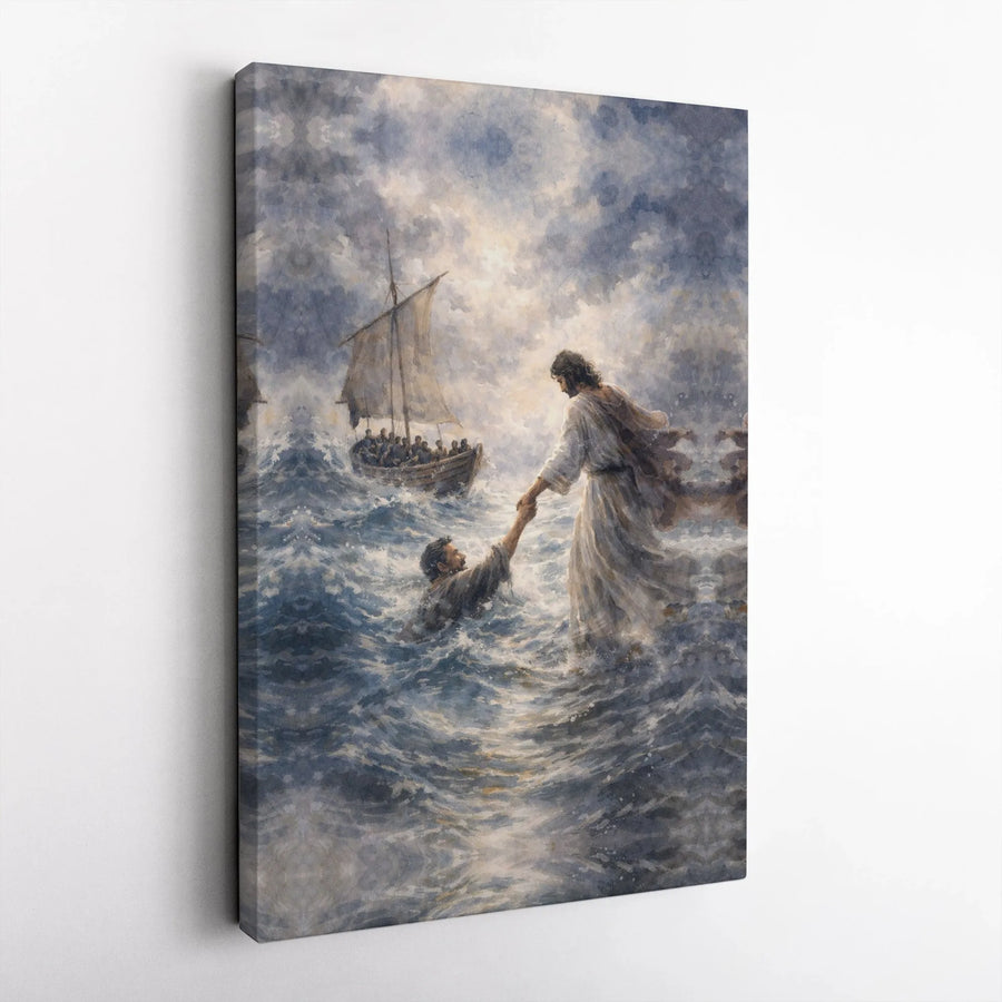 Jesus Walking on Water Canvas Art | Biblical Stormy Sea Painting | Premium High-Resolution Print | Inspirational Christian Home Decor Gift