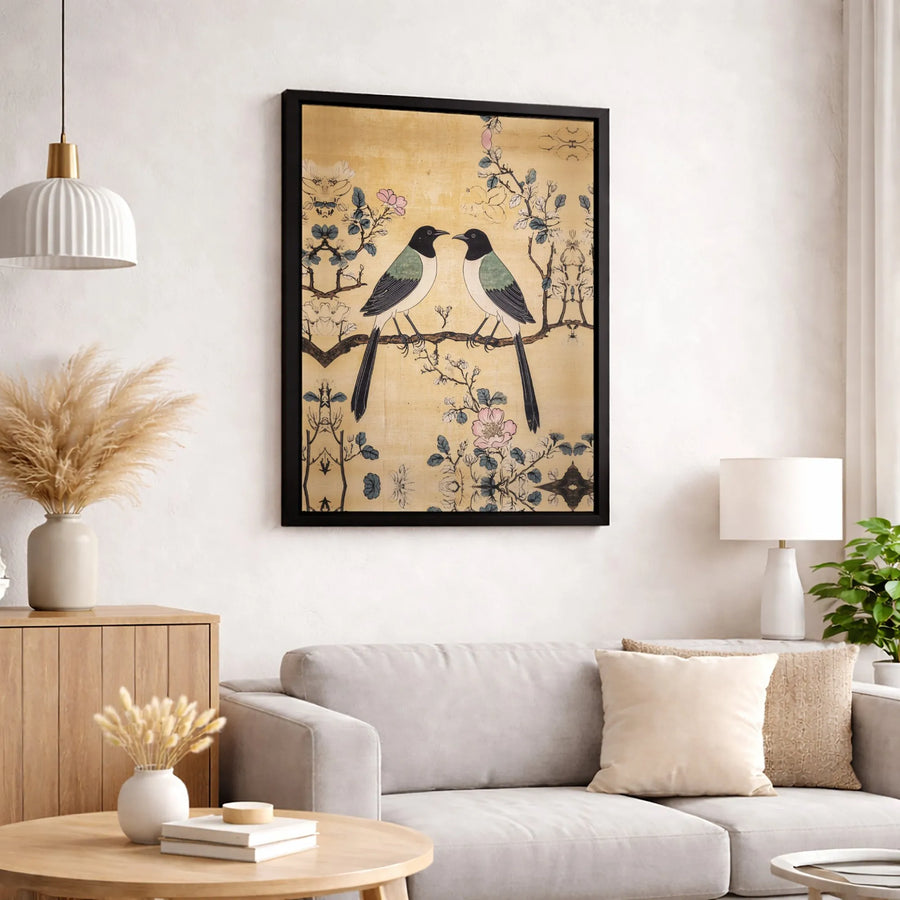 Vintage Magpie Bird Canvas Print | Asian Chinoiserie Floral Branch Art | Premium Gallery Wrapped Wall Decor | Elegant Home Gift For Nature Lovers