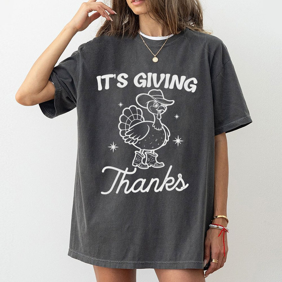 It's Giving Thanks T-Shirt | Cowboy Turkey Graphic Tee | 100% Cotton Premium Quality | Funny Thanksgiving Gift for Family