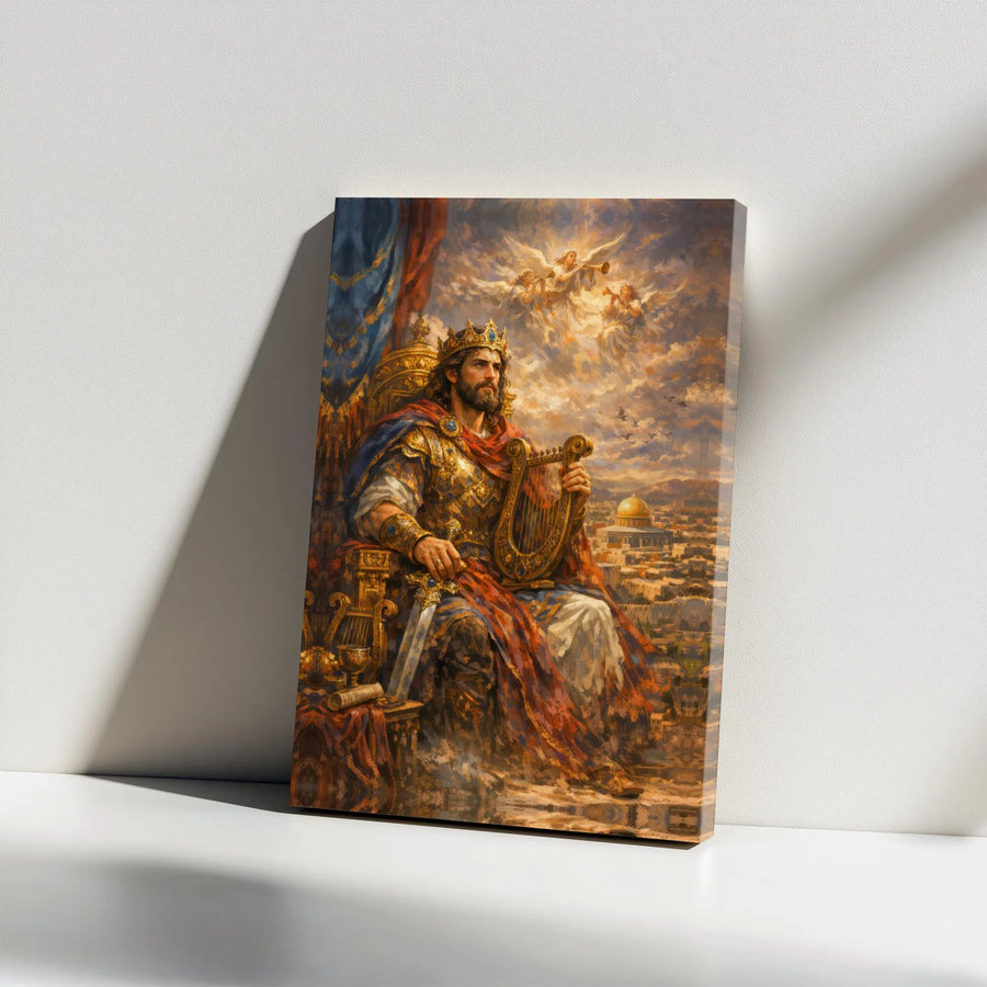 King David Canvas Wall Art | David Playing Harp on Throne Print | Premium Christian Art | Religious Home Decor Gift for Men