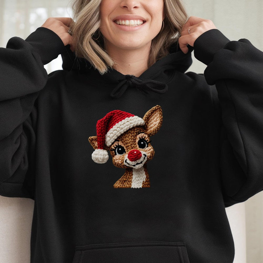 Reindeer Christmas Hoodie | Faux Knitted Yarn Deer Graphic | Premium Cotton Blend | Cute Holiday Gift For Men And Women