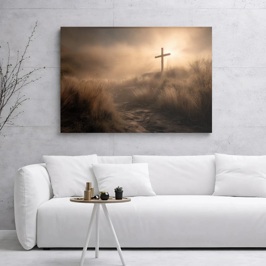 Christian Cross Canvas Wall Art | Misty Sunrise Hill Landscape | Premium Gallery Wrap Print | Religious Home Decor Gift