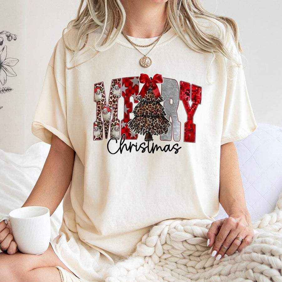 Merry Christmas T-Shirt | Leopard Print Santa Tree Graphic | Soft 100% Cotton Premium Tee | Festive Holiday Gift for Women and Men