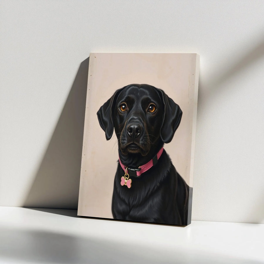 Black Labrador Canvas Wall Art | Whimsical Dog Portrait with Pink Collar | Premium Gallery Wrapped Decor | Unique Pet Lover Gift Idea