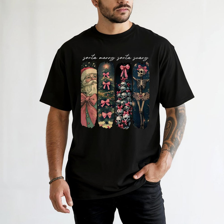 Sorta Merry Sorta Scary Christmas T-Shirt | Retro Spooky Aesthetic Graphic Tee | 100% Cotton Premium Quality | Unique Gift For Halloween Christmas Fans