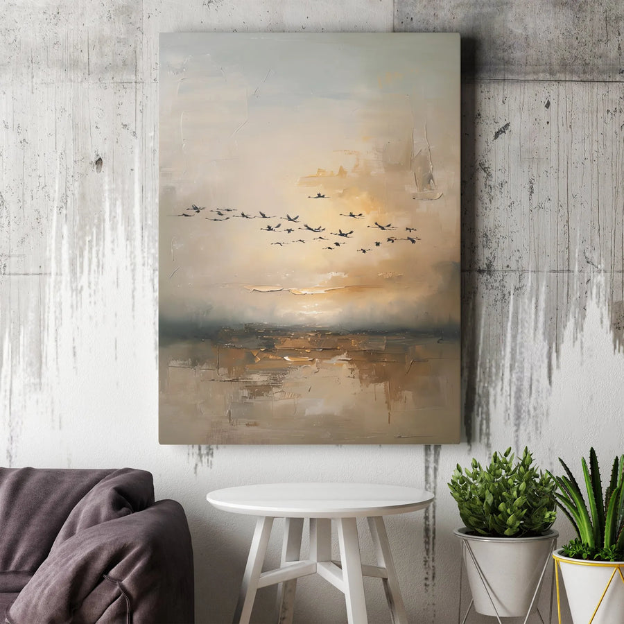 Abstract Sunset Birds Canvas Wall Art | Textured Coastal Landscape Print | Premium Fade-Resistant Gallery Wrap | Modern Home Decor Gift