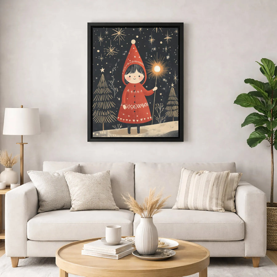 Whimsical Winter Forest Canvas Wall Art | Girl With Gnome Hat and Star Wand | Premium Fade-Resistant Gallery Print | Magical Christmas Holiday Decor Gift