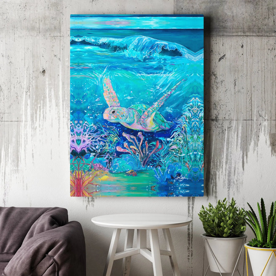 Sea Turtle Canvas Wall Art | Vibrant Underwater Coral Reef Painting | Premium Gallery Wrapped Canvas | Coastal Home Decor Gift for Ocean Lovers