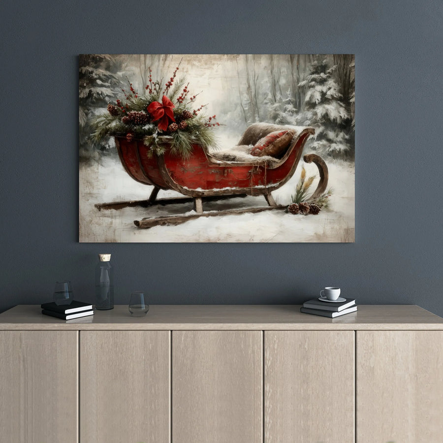 Vintage Christmas Sleigh Wall Art | Snowy Forest Winter Landscape | Premium Gallery Wrapped Canvas | Holiday Home Decor Gift