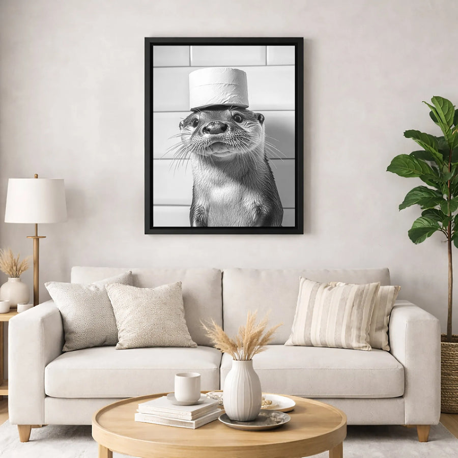 Funny Otter Wall Art | Black and White Bathroom Decor Print | Premium 1.25-Inch Gallery Canvas | Whimsical Animal Gift for Bathroom Wall