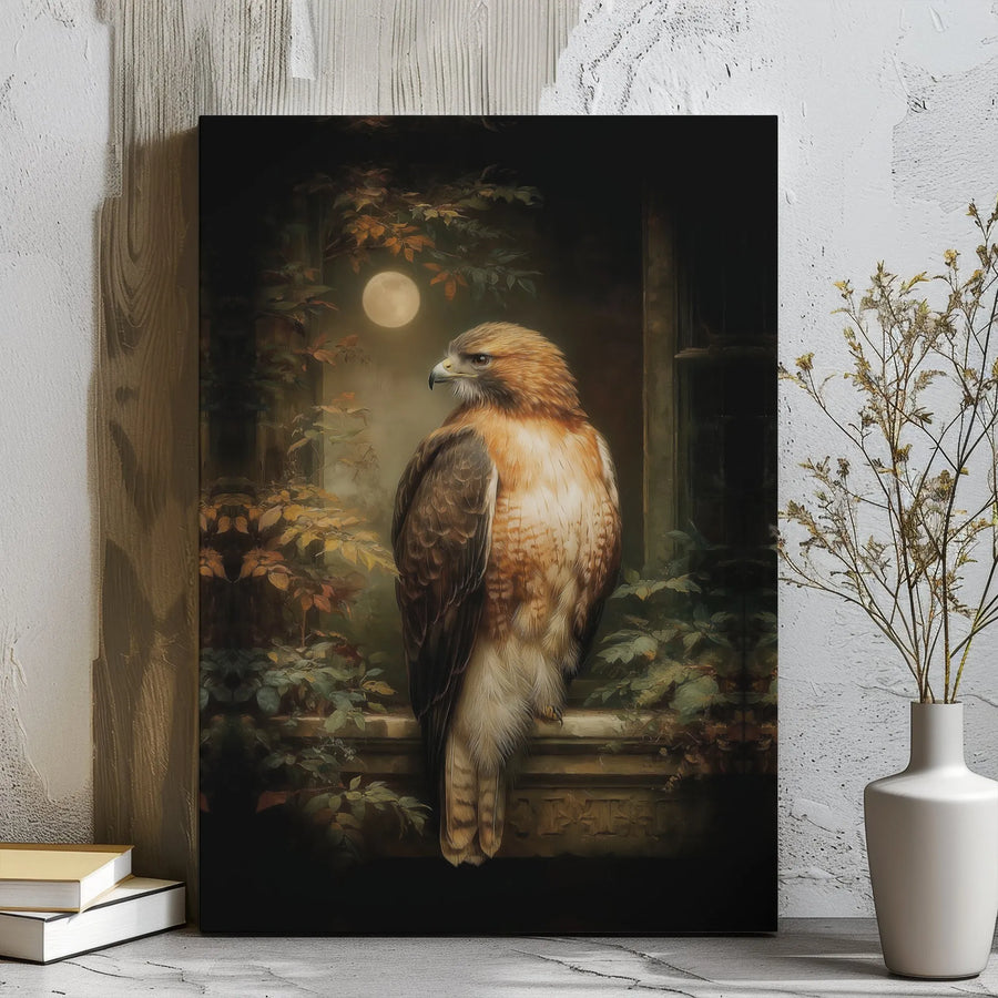 Majestic Hawk Canvas Wall Art | Full Moon Wildlife Painting | 1.25 Inch Gallery Wrap | Premium Nature Home Decor Gift