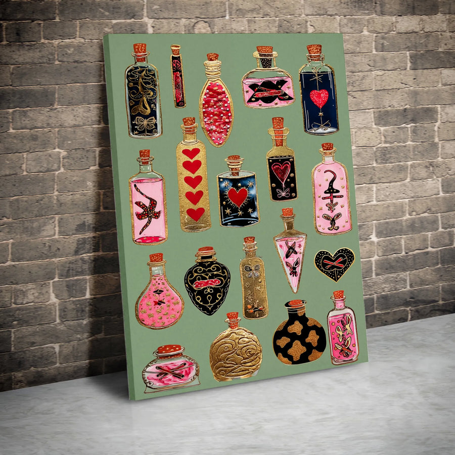 Magic Potion Bottles Wall Art | Whimsical Love Hearts Print | Premium 1.25-Inch Gallery Canvas | Aesthetic Witchy Decor for Bedroom