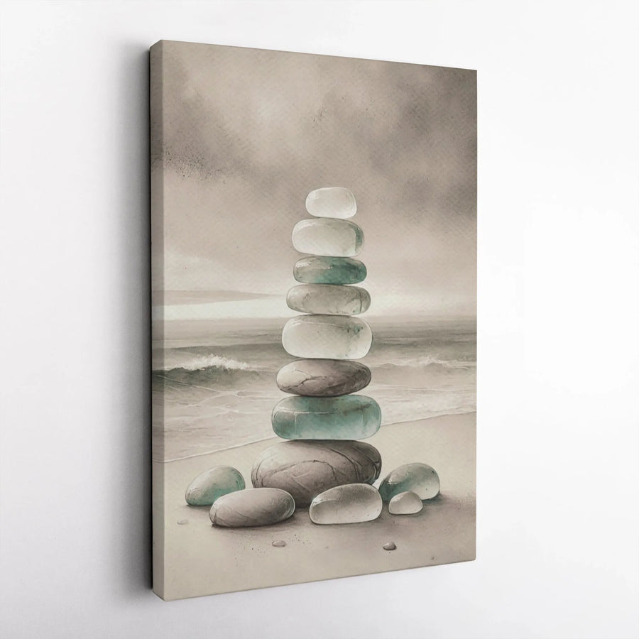 Zen Stacked Stones Canvas Wall Art | Minimalist Coastal Rock Cairn Painting | Premium Gallery Canvas | Spa & Bathroom Wall Decor Gift