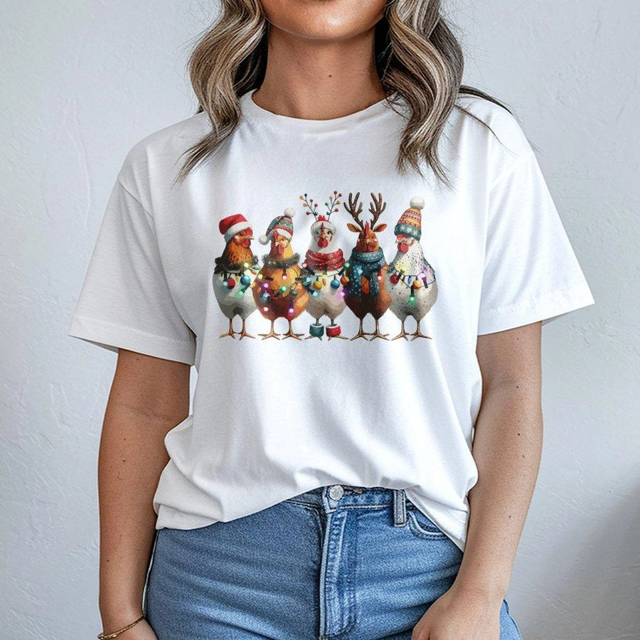 Christmas Chicken T-Shirt | Funny Farm Animal Holiday Lights Design | 100% Cotton Premium Tee | Festive Gift for Chicken Lovers